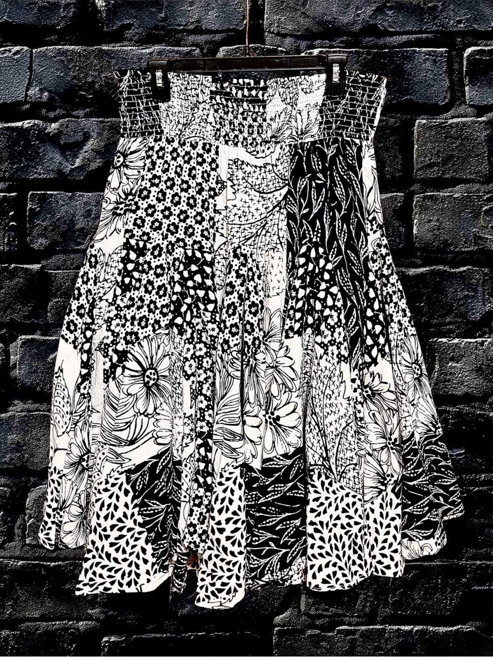 Grace Elements Black and White Floral Patchwork Midi Skater Skirt